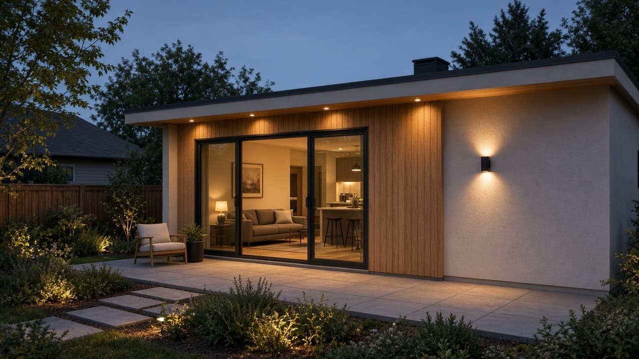 Contemporary accessory dwelling unit with patio glass doors lit at evening
