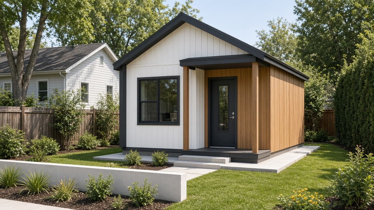 Modular ADU with white and timber panels and a small porch