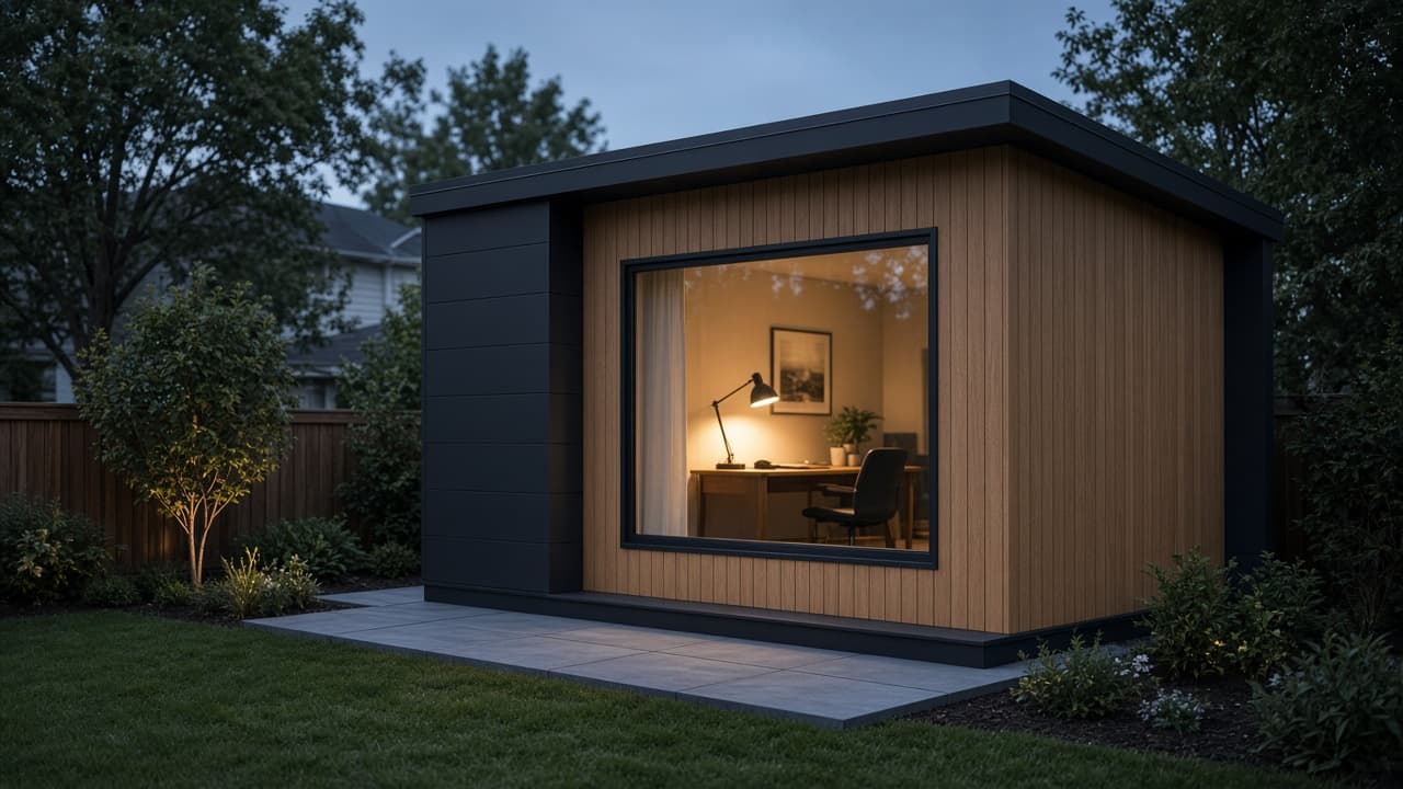 Backyard office studio shed with charcoal and cedar cladding at dusk