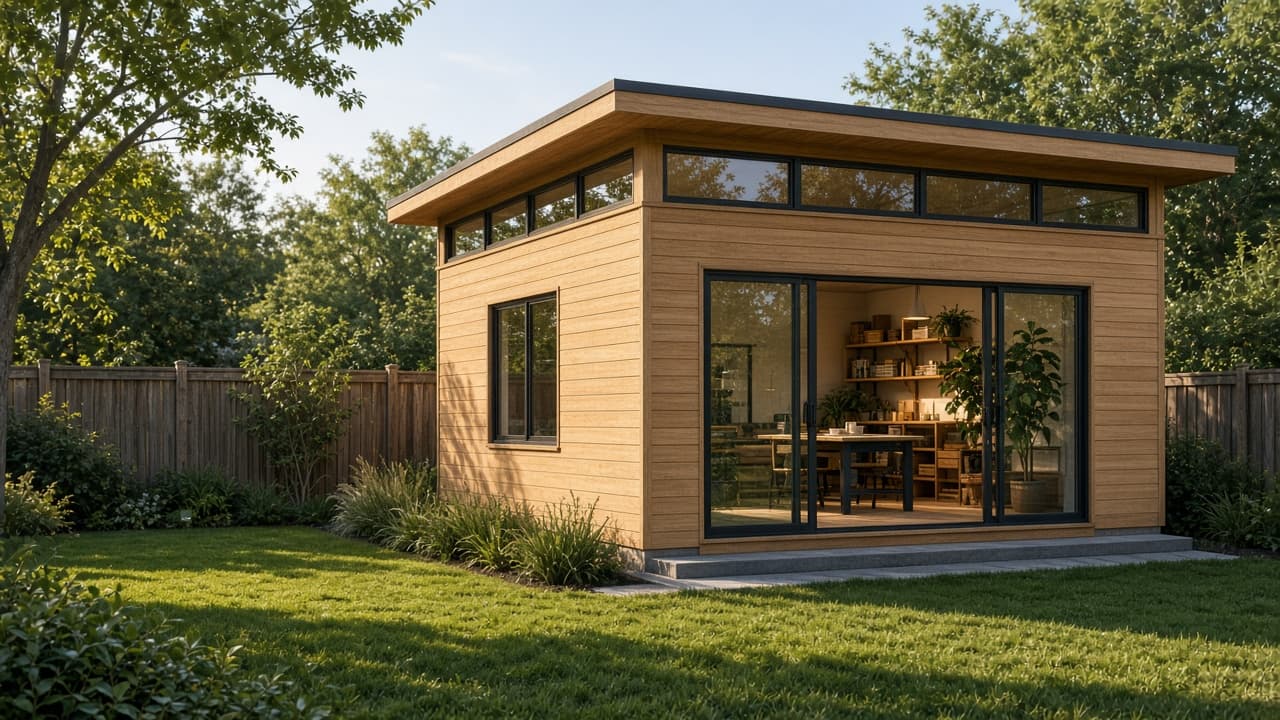 Light wood backyard studio with clerestory windows in afternoon sun