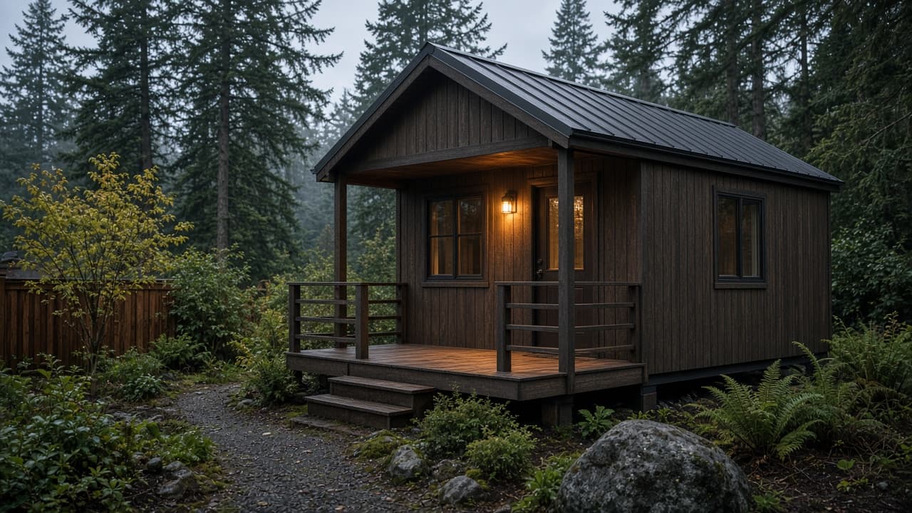 Compact prefab cabin with peaked metal roof in a wooded backyard