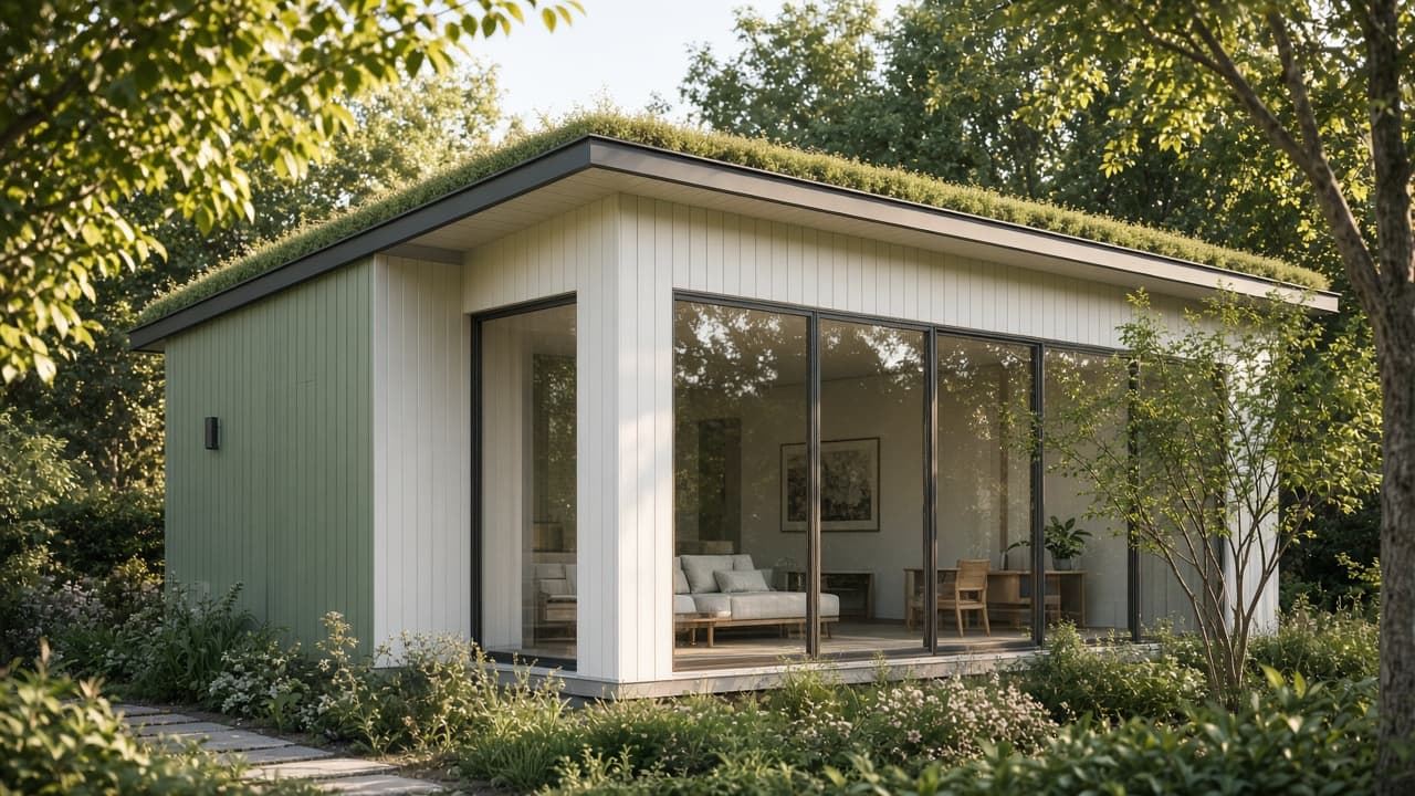 Eco-friendly prefab backyard living unit with living roof and glass walls