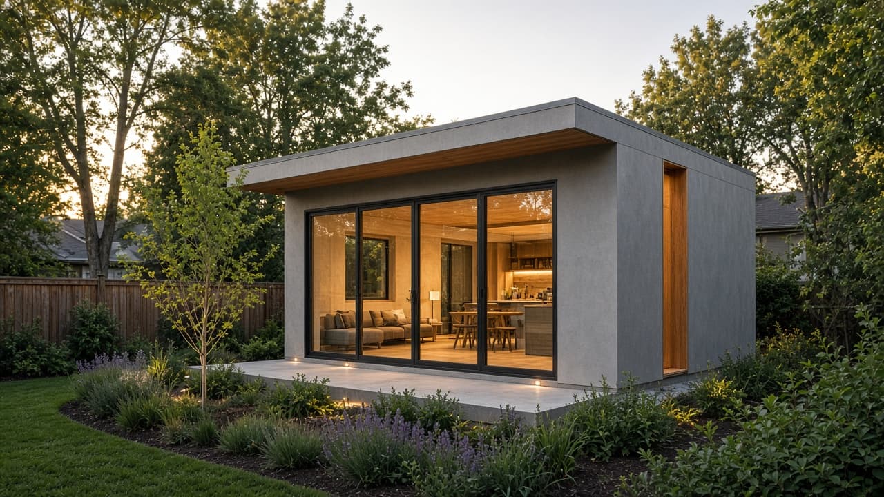 Modern prefab ADU with wood accents and floor-to-ceiling windows at golden hour