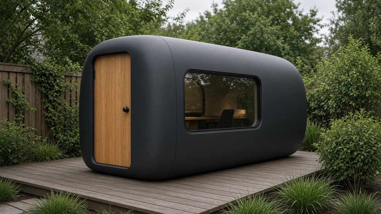 Compact capsule-style backyard office pod on decking