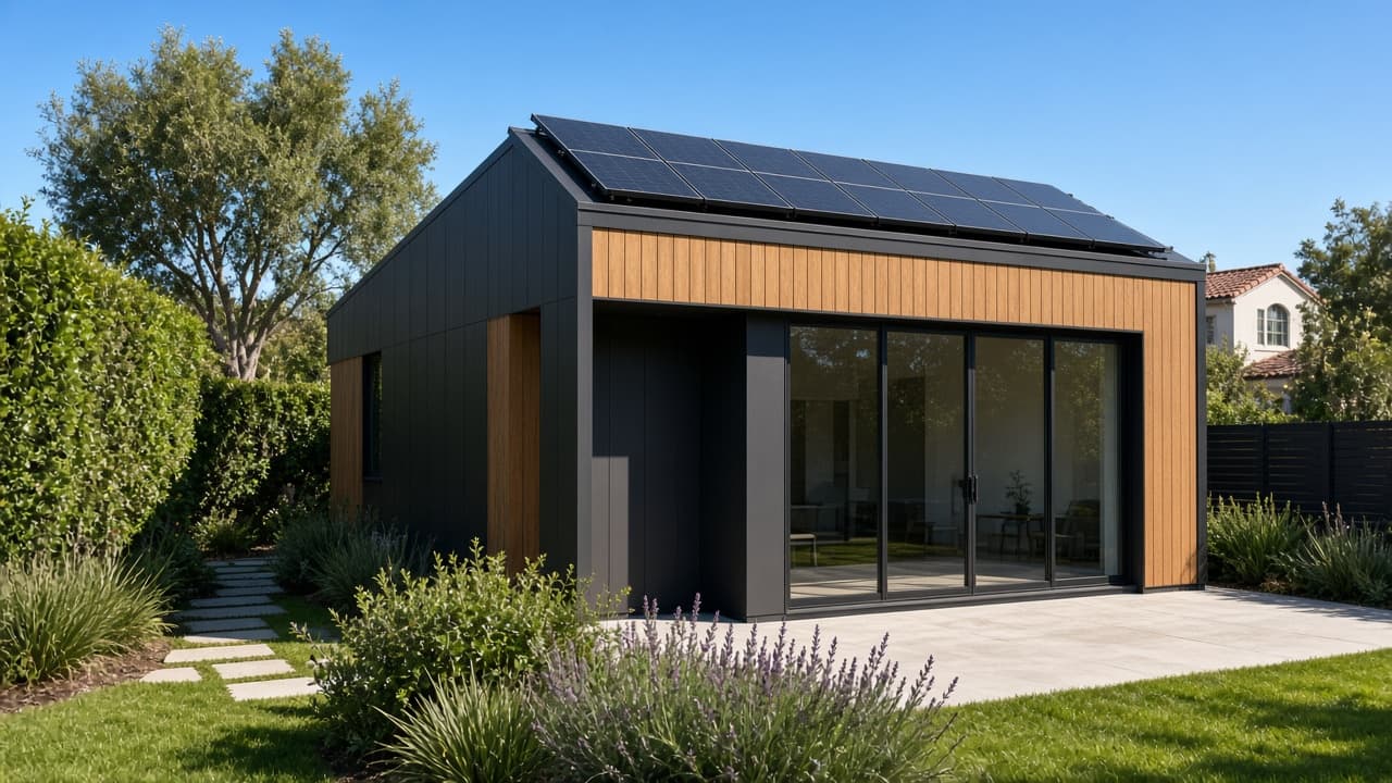Solar-ready backyard building with rooftop solar panels